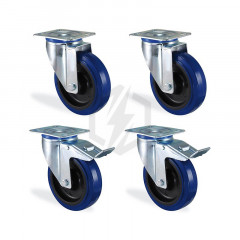 Lot roulettes pivotante et pivotante à frein caoutchouc bleu élastique  diamètre 80mm charge 240kg