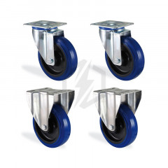 Lot roulettes pivotante et fixe caoutchouc bleu élastique diamètre 125mm charge 450kg