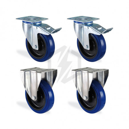 Lot roulettes fixe et pivotante à frein caoutchouc bleu élastique diamètre 150mm charge 600kg