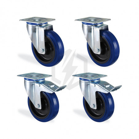 Lot roulettes pivotante et pivotante à frein caoutchouc bleu élastique diamètre 200mm charge 750kg