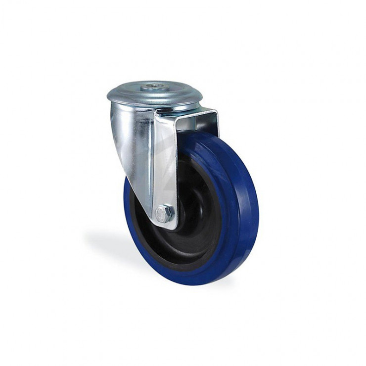Roulette à oeil pivotante caoutchouc elastique bleu diamètre 80mm charge 80kg