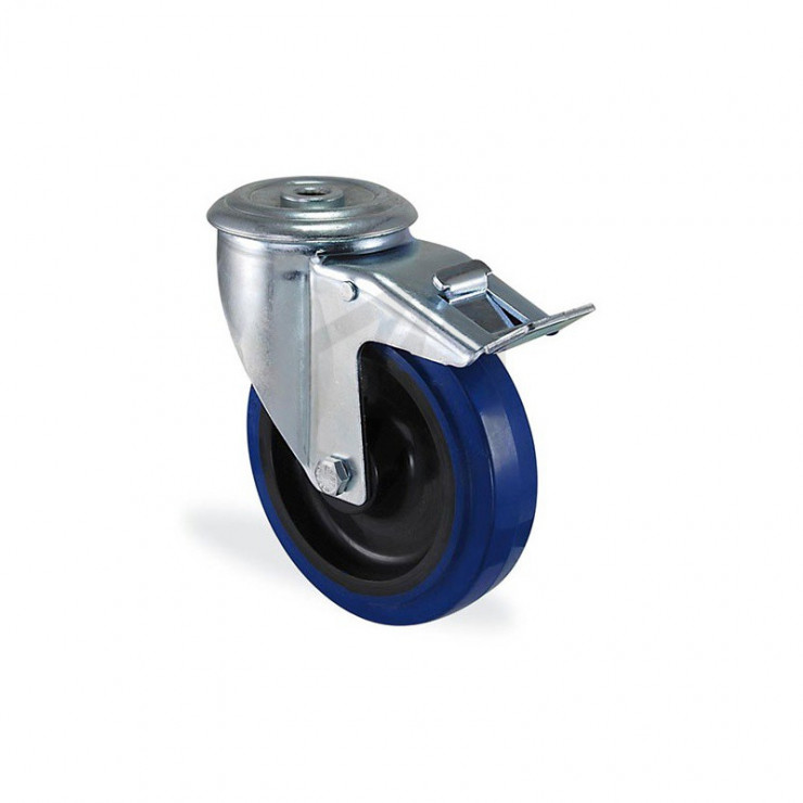 Roulette à oeil pivotante à frein caoutchouc elastique bleu diamètre 80mm charge 80kg