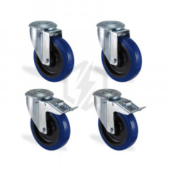 Lot roulettes à oeil pivotantes  et pivotante à frein caoutchouc élastique bleu diamètre 80mm charge 240kg