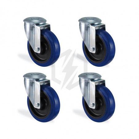 Lot roulettes à oeil pivotantes caoutchouc élastique bleu diamètre 125mm charge 450kg