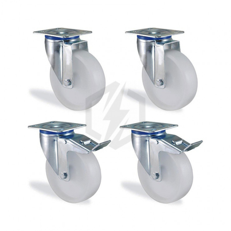 Lot roulettes pivotantes et pivotante à frein polypropylène blanc diamètre 80mm charge 300kg Lot roulettes pivotantes et pivotante à frein polypropylène blanc diamètre 80mm charge 300kg
