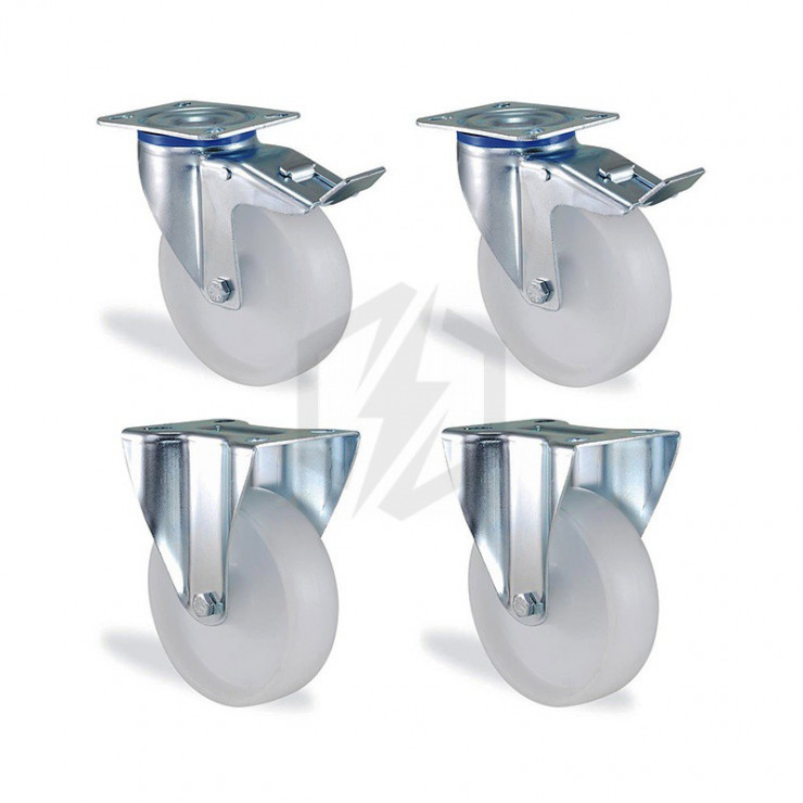 Lot roulettes pivotantes à frein et fixe polypropylène blanc diamètre 125mm charge 450kg Lot roulettes pivotantes à frein et fixe polypropylène blanc diamètre 125mm charge 450kg