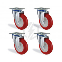 Lot roulettes pivotantes polyuréthane rouge diamètre 100mm charge 375kg