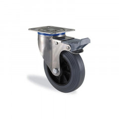 Roulette pivotante à frein inox caoutchouc gris souple diamètre 100mm charge 100kg