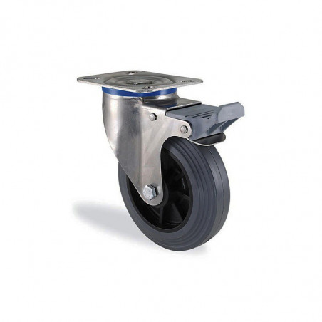 Roulette pivotante à frein inox caoutchouc gris souple diamètre 125mm charge 120kg