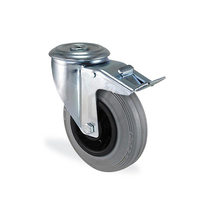 Roulette à oeil pivotante à frein caoutchouc gris souple diamètre 200mm charge 220kg