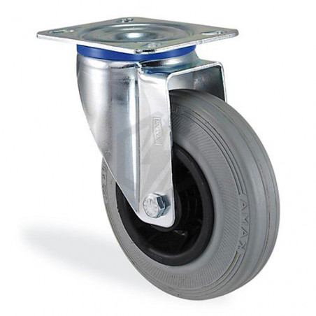 Roulette pivotante caoutchouc gris souple diamètre  100mm charge 70kg