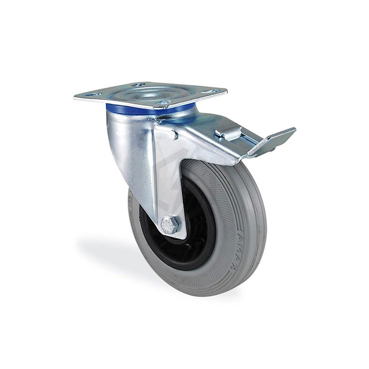 Roulette pivotante à frein caoutchouc gris souple diamètre  100mm charge 70kg