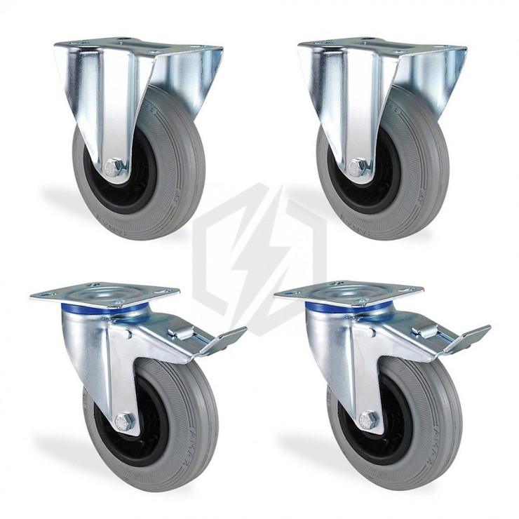 Lot roulettes pivotante à frein et fixe caoutchouc gris souple diamètre 150mm charge 375kg