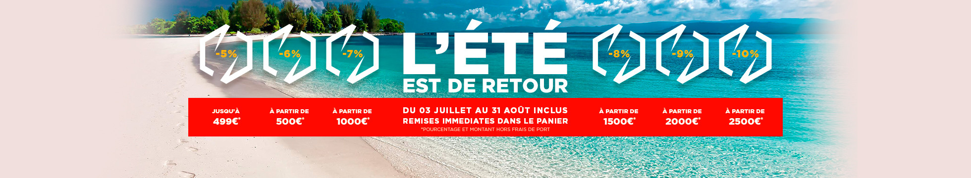 L'été est de retour, du 03 juillet au 31 août inclus, remises immédiates dans le panier à partir de 5% du montant du panier hors frais de port