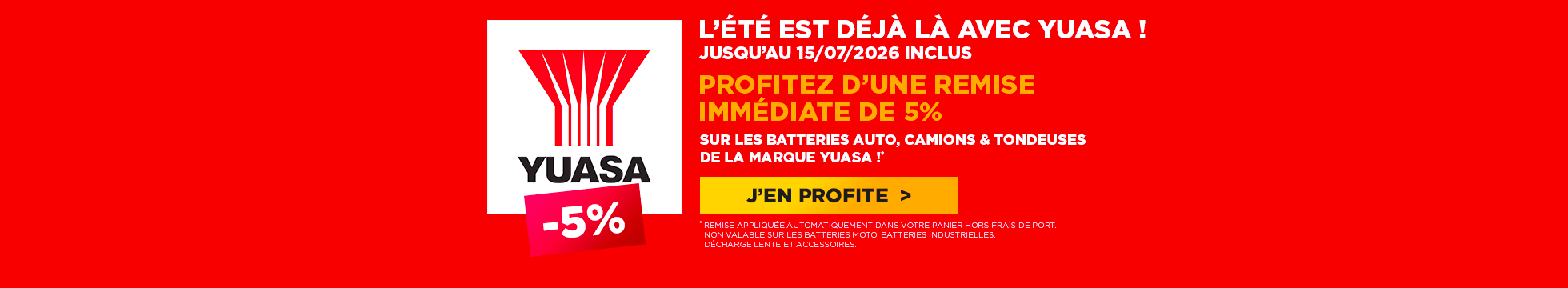 Remise immédiate de 5% sur les batteries auto, camions & tondeuses de la marque Yuasa jusqu'au 15/07/2026 inclus