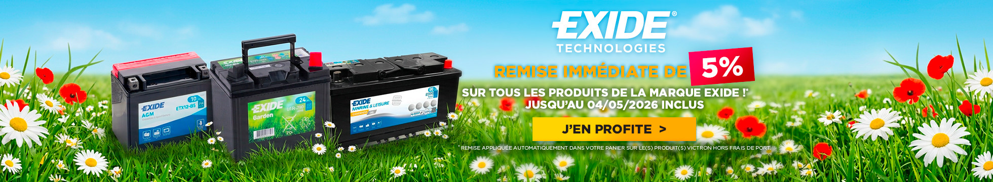 Remise immédiate de 5% sur tous les produits de la marque Exide jusqu'au 04/05/2026 inclus