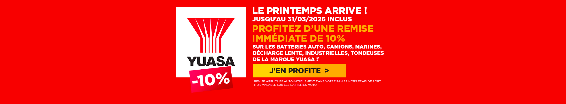Remise de 10% sur les batteries auto, camion, marines, décharge lente, industrielles, tondeuses de la marque Yuasa jusqu'au 31/03/2026 inclus