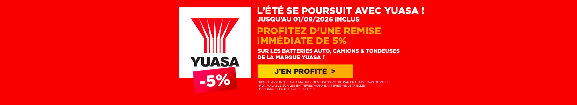 Remise immédiate de 5% sur les batteries auto, camions & tondeuses de la marque Yuasa jusqu'au 01/09/2026 inclus