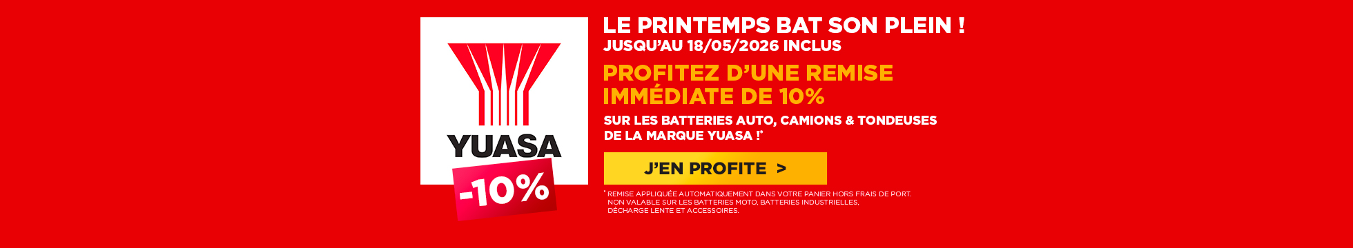Remise immédiate de 10% sur les batteries auto, camions & tondeuses de la marque Yuasa jusqu'au 18/05/2026 inclus
